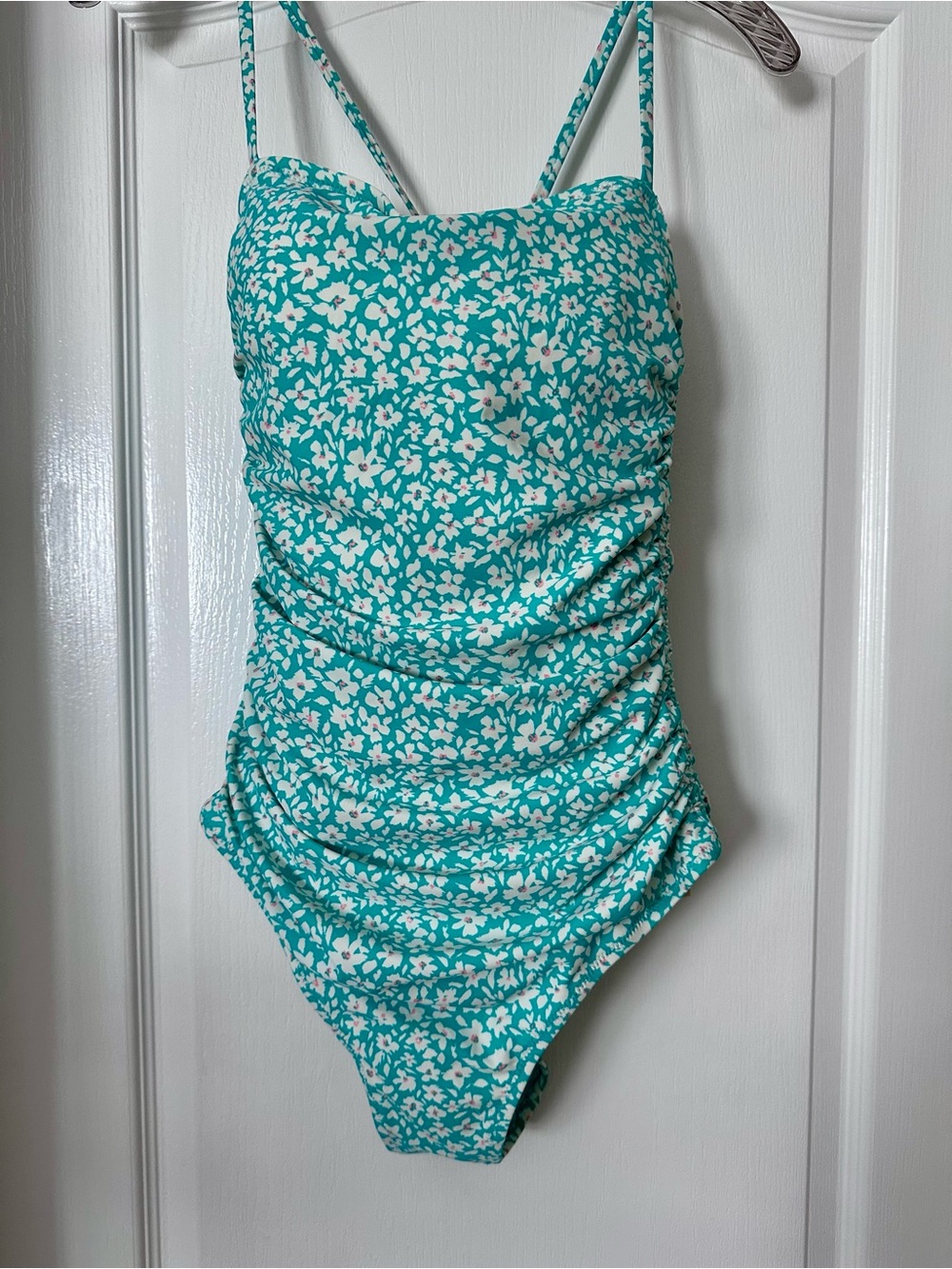 Kona Sol Teal and White Floral Ruched One-Piece Swimsuit
